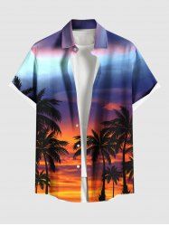Plus Size Coconut Tree Ombre Colorful Sky Print Buttons Pocket Hawaii Shirt For Men -  