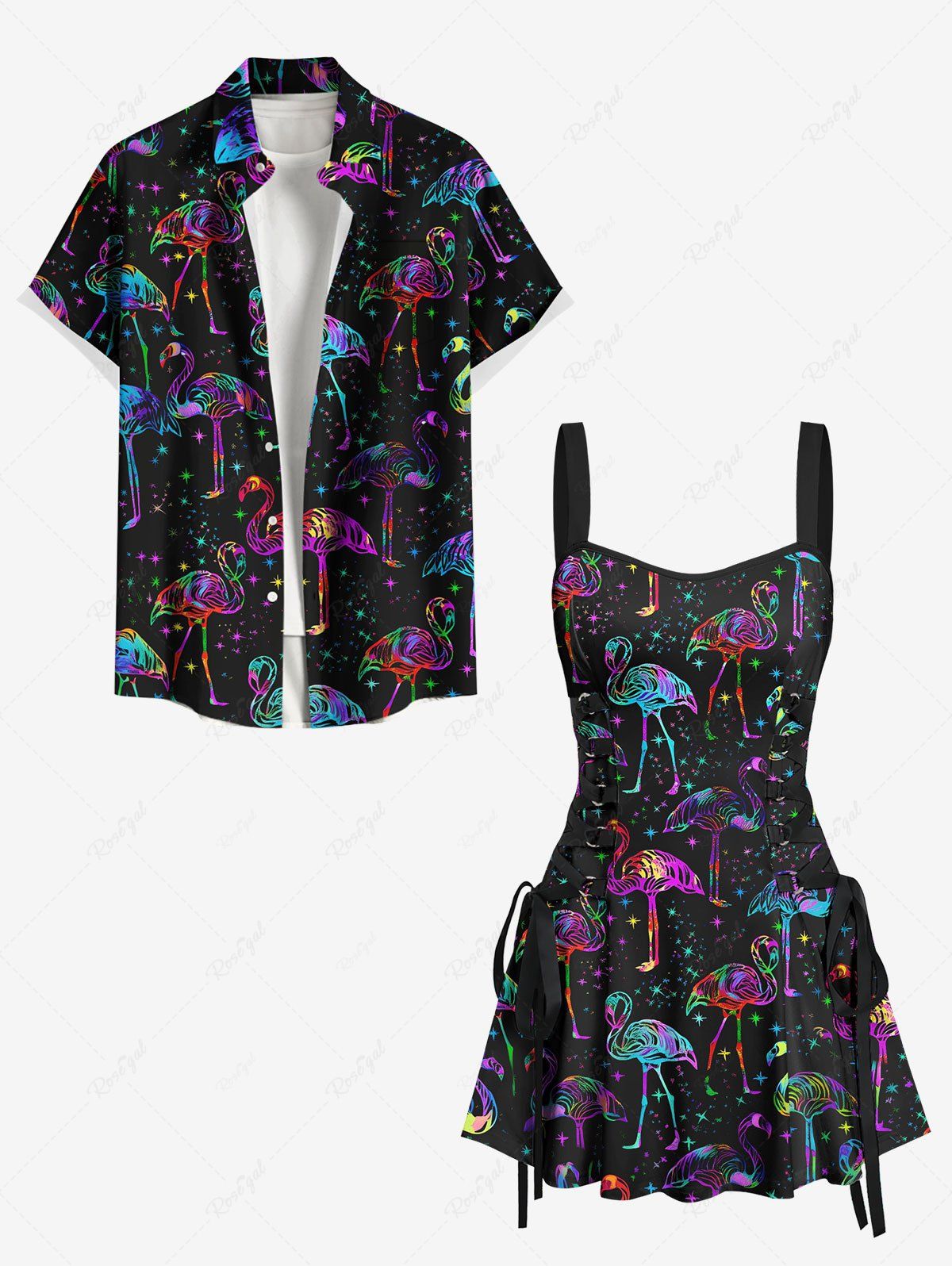 Online Flamingo Colorful Galaxy Print Matching Hawaii Beach Outfit For Couples  