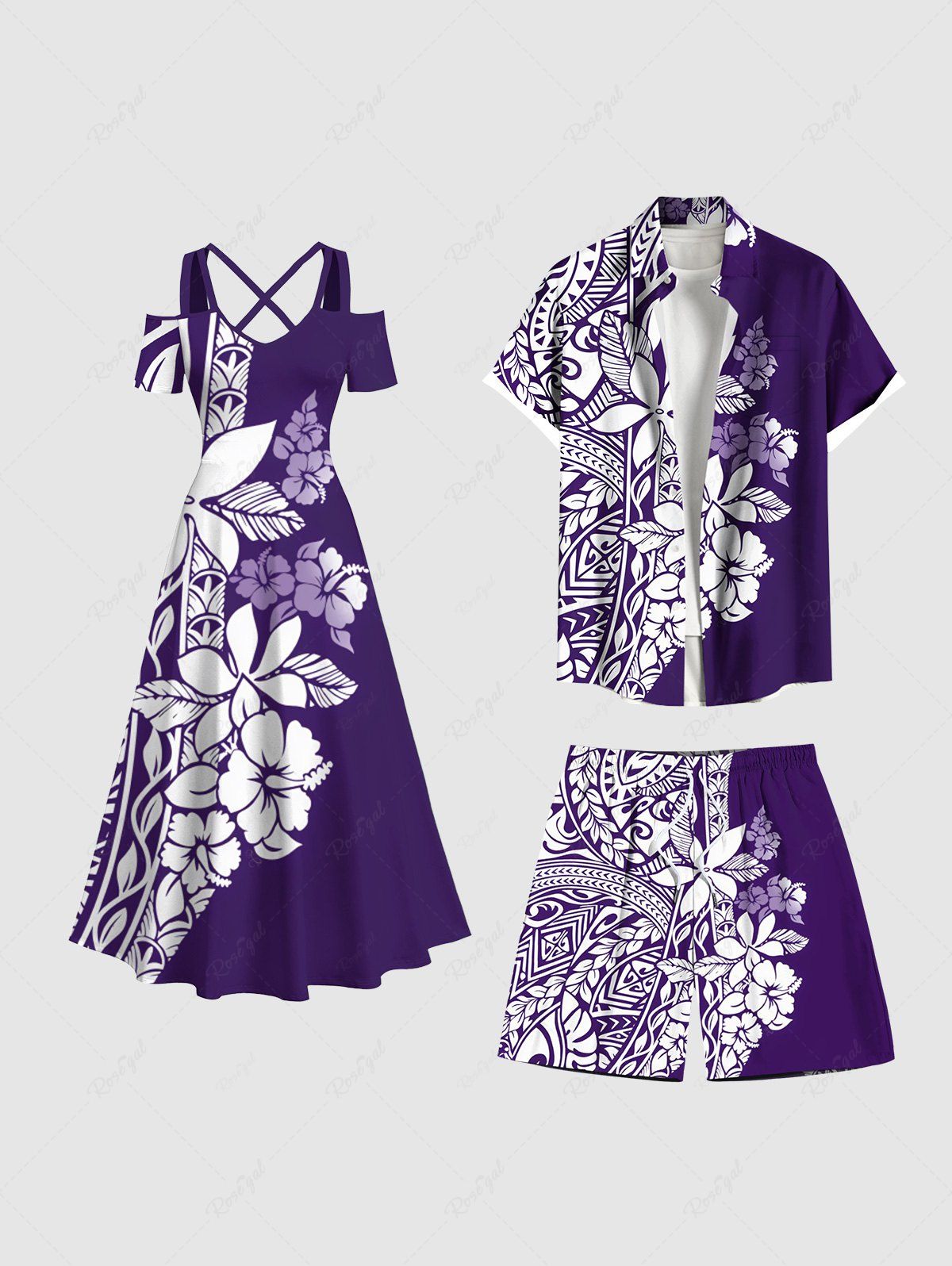 Cheap Tropical Leaf Hibiscus Flower Print Plus Size Matching Hawaii Beach Outfit For Couples  