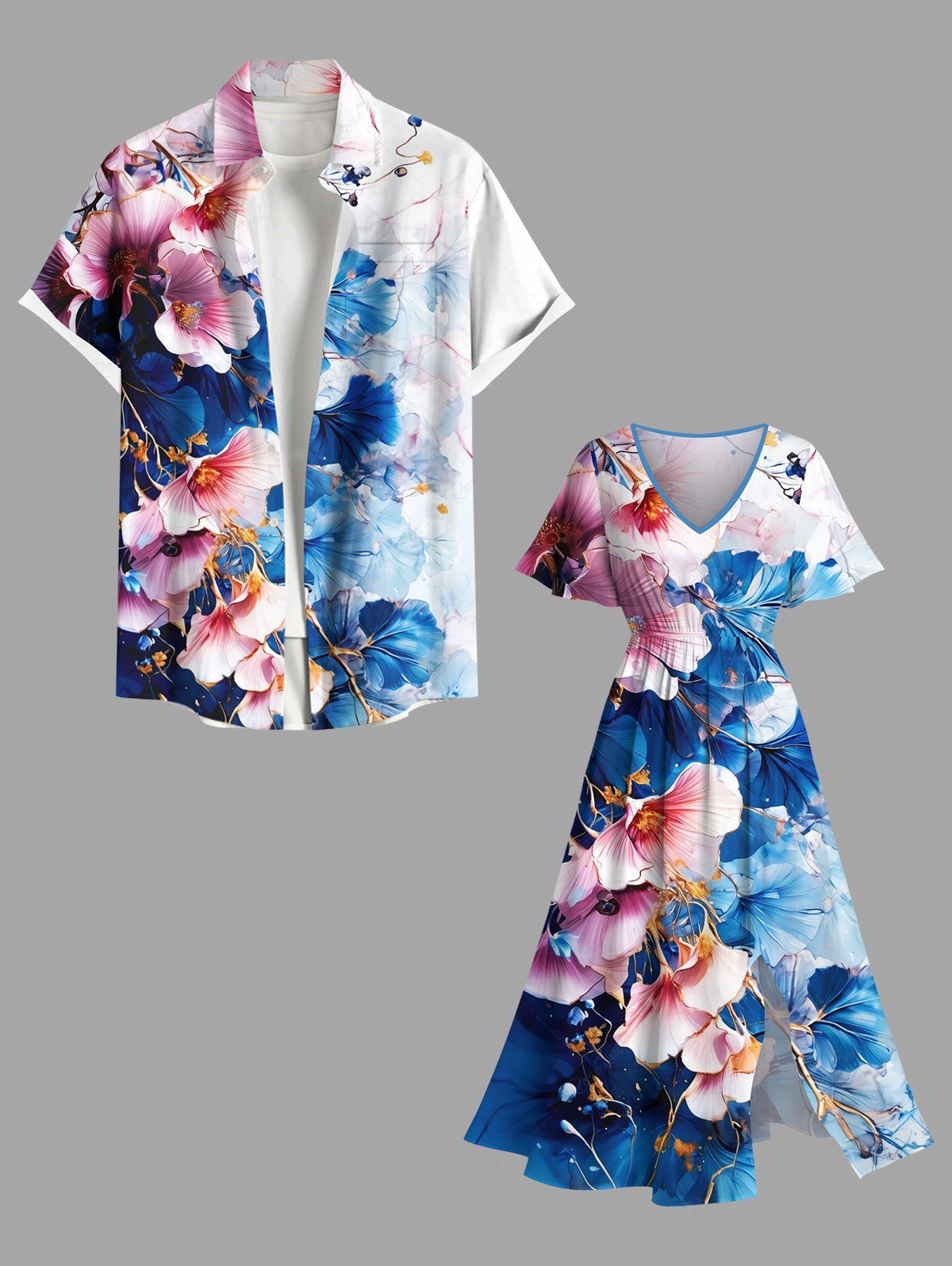 Costume de Plage Grande Taille Imprimé à Feuilles et Fleurs à L'Aquarelle Bleu 