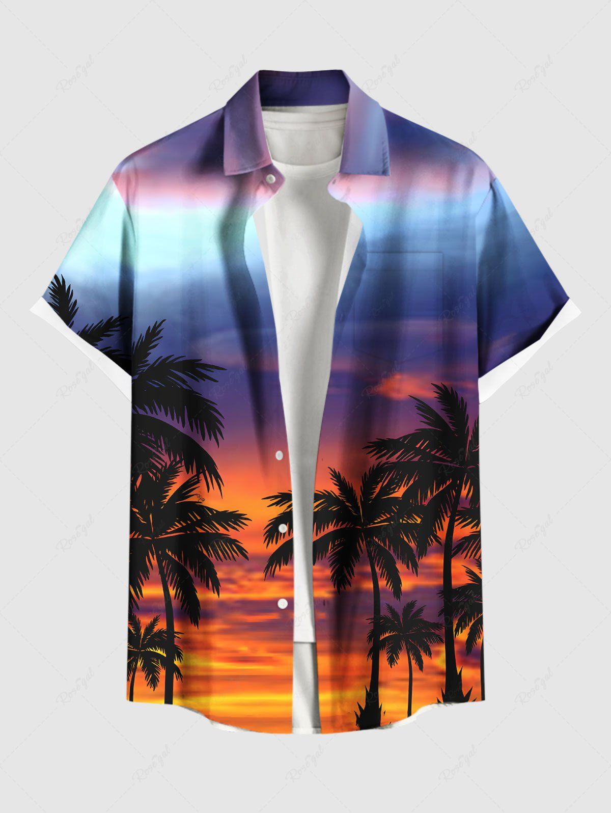 Best Plus Size Coconut Tree Ombre Colorful Sky Print Buttons Pocket Hawaii Shirt For Men  