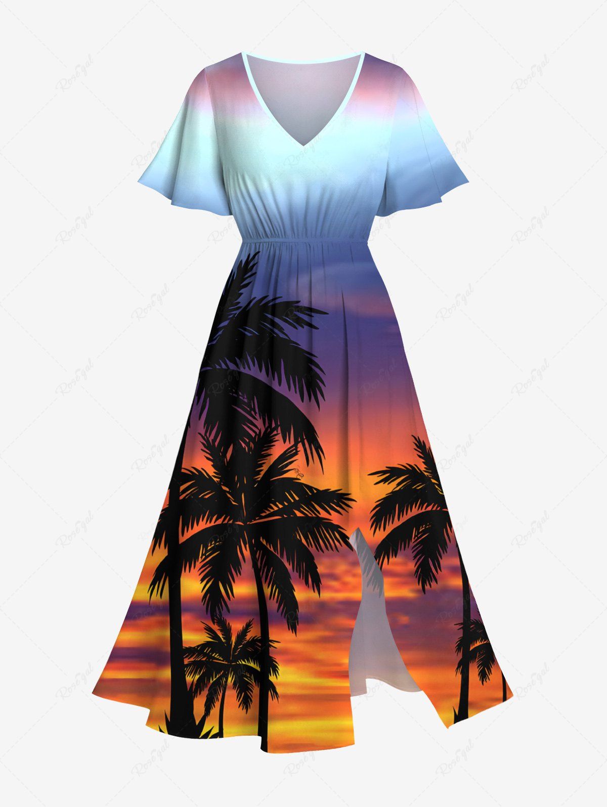 Cheap Plus Size Coconut Tree Ombre Colorful Sky Print Split Hawaii Midi Dress  