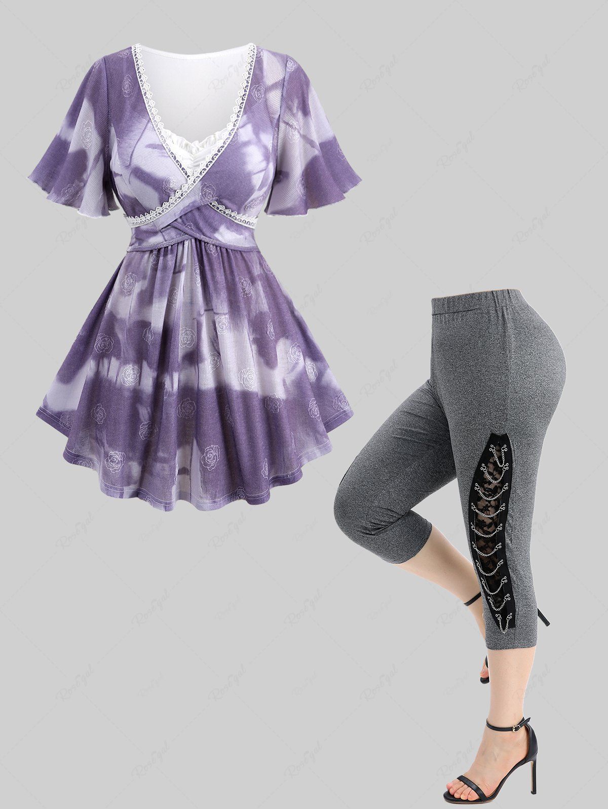 Affordable Rose Flower Jacquard Crossover Ombre 2 in 1 Top and Lace Patchwork Lace-up Marled Capri Leggings Plus Size Outfit  