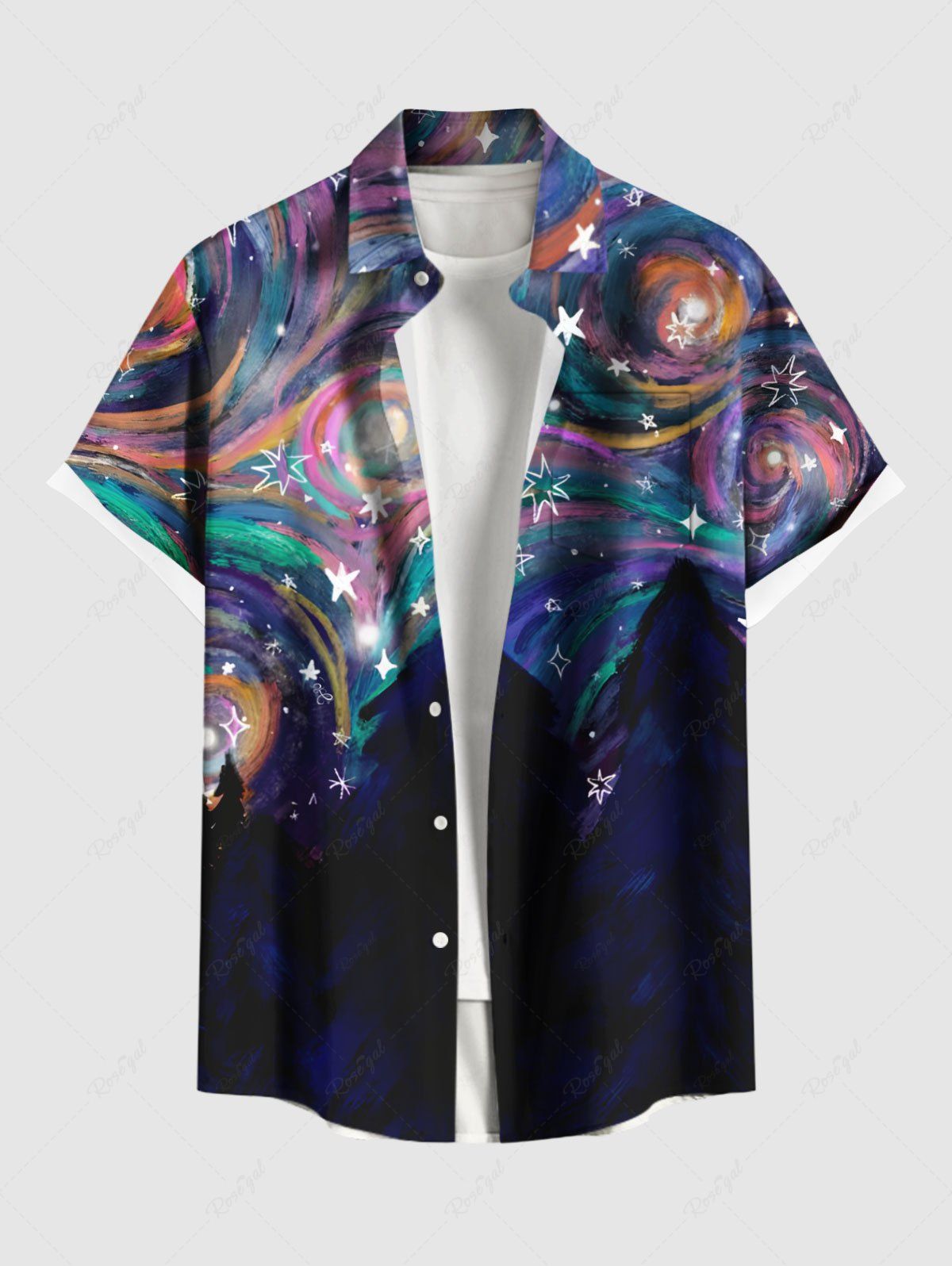 Best Plus Size Colorful Spiral Galaxy Star Print Hawaii Button Pocket Shirt For Men  