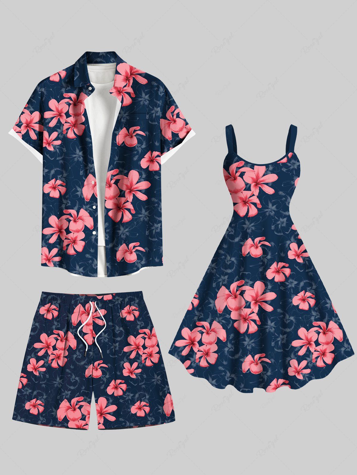 Tenue de plage hawaïenne assortie grande taille à imprimé floral ombré pour couples Bleu de Minuit 