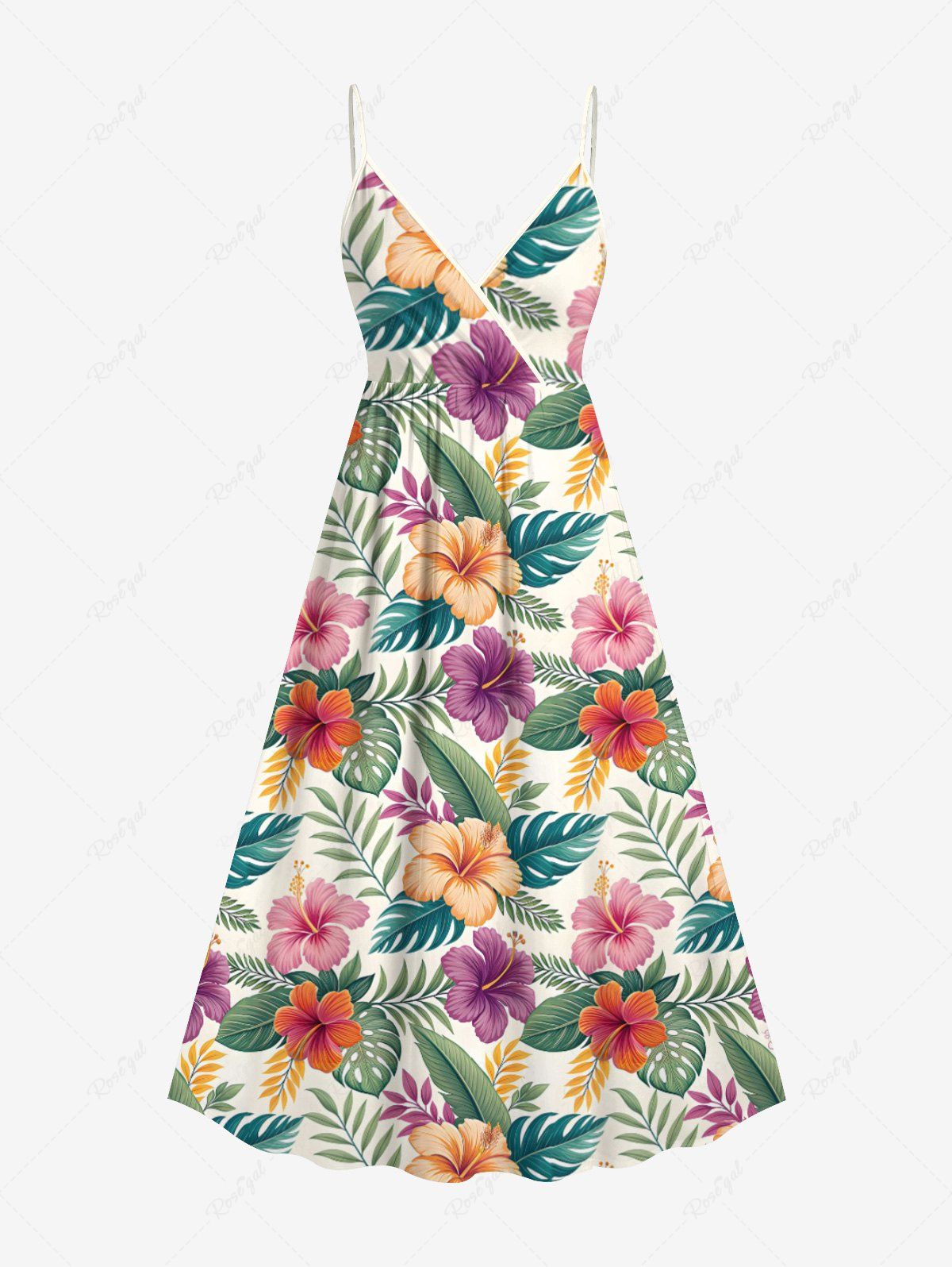 Trendy Plus Size Colorful Floral Tropical Leaves Print Hawaii Surplice A Line Cami Dress  