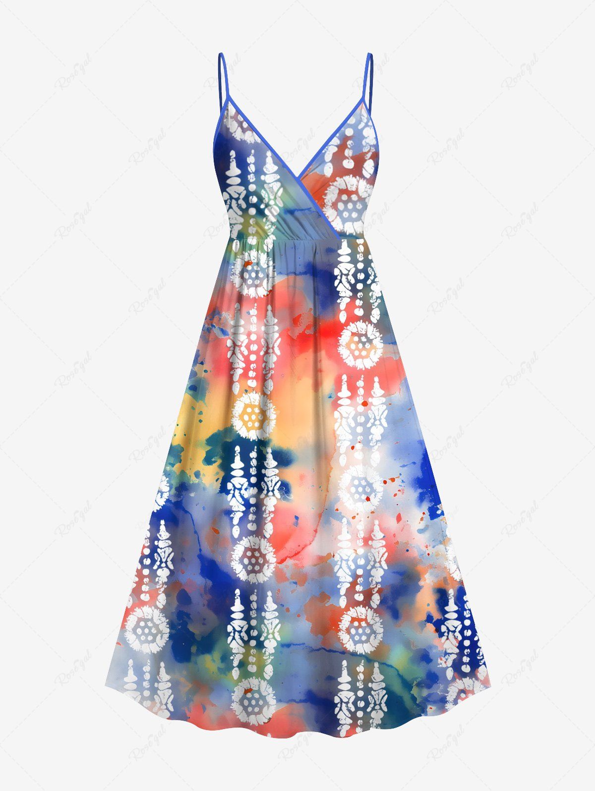 Discount Plus Size Tie Dye Ethnic Graphic Print Hawaii Surplice A Line Cami Dress  