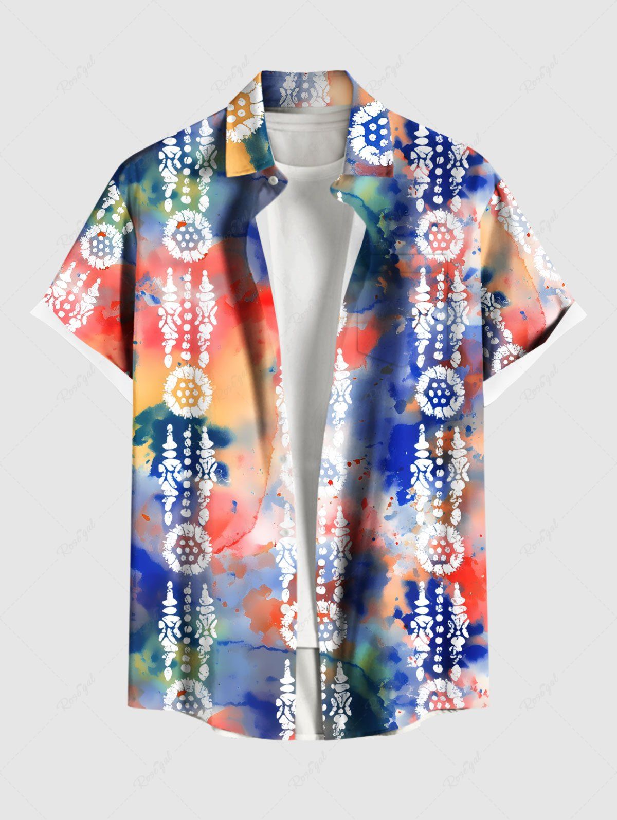 Fashion Plus Size Tie Dye Ethnic Graphic Print Hawaii Button Pocket Shirt For Men  
