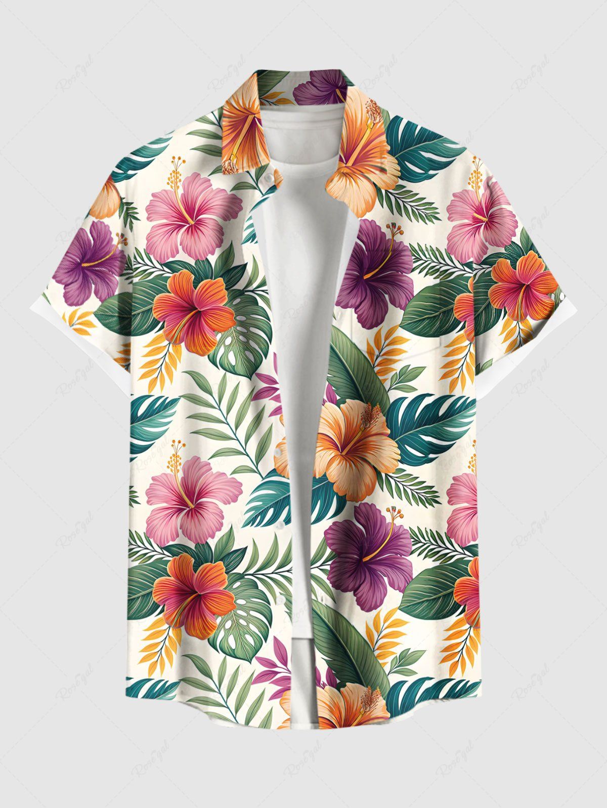 Affordable Plus Size Colorful Floral Tropical Leaves Print Hawaii Button Pocket Shirt For Men  