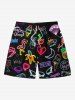 Short de Plage Hawaïen Flamant Lune Cœur Imprimés pour Couple - Noir 