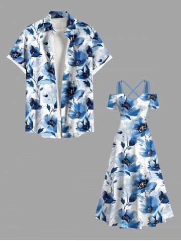 Flowers Watercolor Print Plus Size Matching Hawaii Beach Outfit For Couples