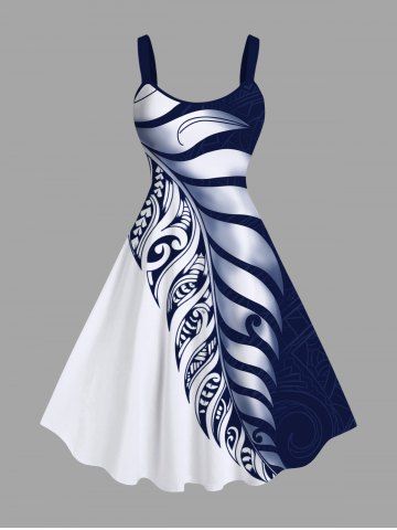 Plus Size Two Tone Contrast Colorblock Tropical Leaf Print Hawaii Tank Dress - WHITE - 4X