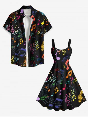 Colorful Musical Symbols Print Plus Size Matching Hawaii Beach Outfit For Couples - BLACK