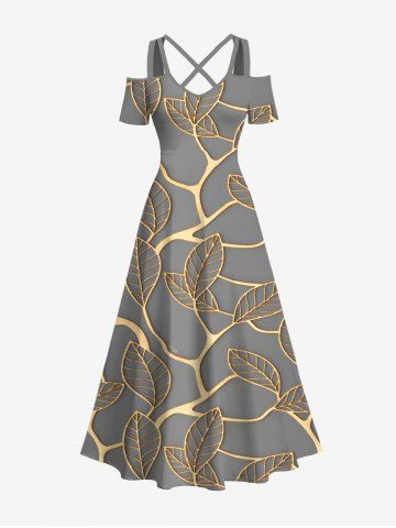 Plus Size Metallic Leaf Print Cold Shoulder Crisscross Hawaii Maxi Dress - GRAY - S