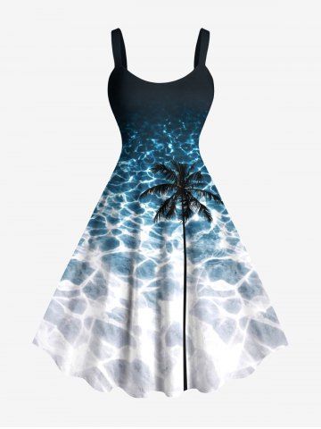 Plus Size Coconut Tree Water Ripples Print Hawaii Tank Dress - BLUE - XXS