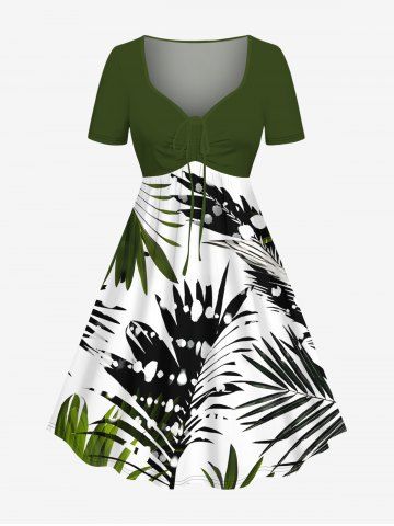 Plus Size Ombre Tropical Leaves Spotted Print Hawaii Cinched A Line Dress - GREEN - M
