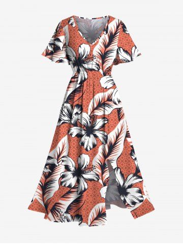 Plus Size Floral Tropical Leaves Print Hawaii Split Pocket A Line Midi Dress - RED - 6X