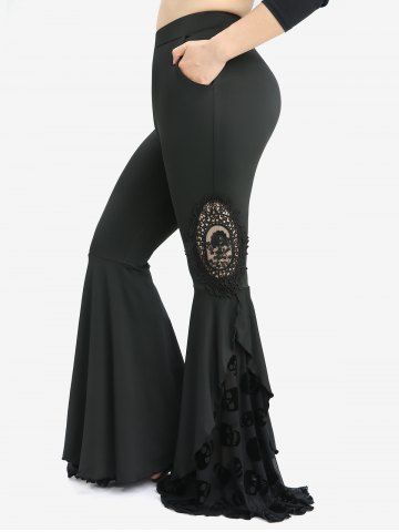 Plus Size Skull Mesh Flocking Ruffles Floral Applique Pockets Flare Pants - BLACK - M | US 10