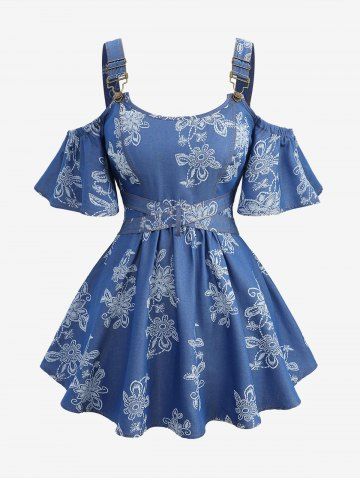 Plus Size Flowers Leaf Print Crisscross Belted Cold Shoulder Denim Top - BLUE - 1X | US 14-16