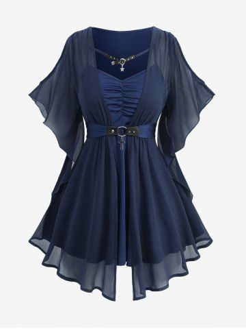 Plus Size Butterfly Sleeve Chiffon Textured Ruched O-Ring Cross Belted 2 in1 Blouse - DEEP BLUE - 1X | US 14-16