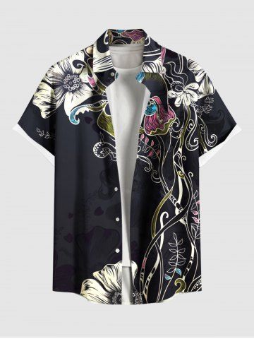 Plus Size Flower Leaf Branch Print Hawaii Button Pocket Shirt For Men - BLACK - 6XL