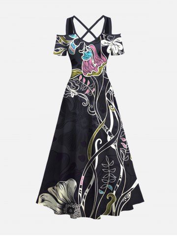 Plus Size Flower Leaf Branch Print Hawaii Cold Shoulder Crisscross A Line Maxi Dress - BLACK - 4X