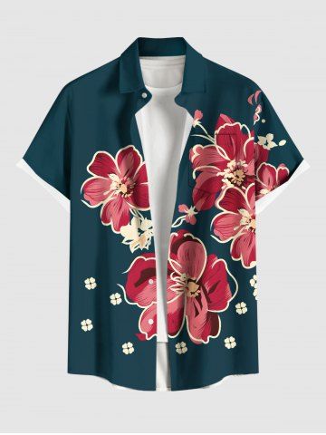 Plus Size Flower Leaf Print Hawaii Button Pocket Shirt For Men - GREEN - 6XL
