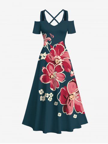 Robe longue trapèze à imprimé floral et feuilles, style hawaïen, épaules dénudées et bretelles croisées, grande taille - DEEP GREEN - 3X