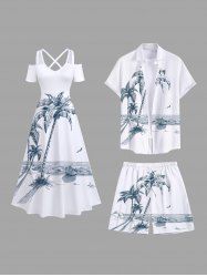 Coconut Tree Seascape Boat Print Plus Size Matching Hawaii Beach Outfit For Couples -  
