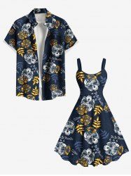 Skulls Flowers Leaf Print Plus Size Matching Hawaii Beach Outfit For Couples -  