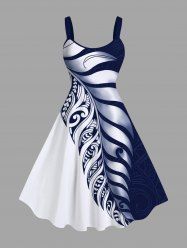 Plus Size Two Tone Contrast Colorblock Tropical Leaf Print Hawaii Tank Dress -  