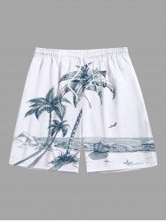 Plus Size Coconut Tree Seascape Boat Print Hawaii Beach Shorts For Men -  