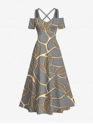 Maxi Robe Feuille Métallique Croisée Imprimée à Epaule Dénudée de Grande Taille - Gris 2X