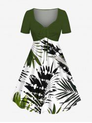 Plus Size Ombre Tropical Leaves Spotted Print Hawaii Cinched A Line Dress - Vert M