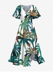 Plus Size Coconut Tree Tropical Leaves Print Hawaii Split Pocket A Line Midi Dress -  