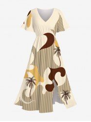 Robe Trapèze Mi-longue Imprimé Cocotier et Lune avec Poche Grande Taille - café lumière L
