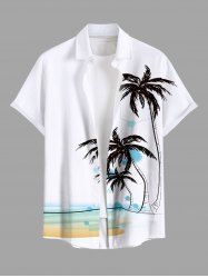 Plus Size Coconut Tree Watercolor Beach Print Hawaii Button Pocket Shirt For Men -  