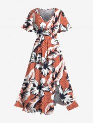 Plus Size Floral Tropical Leaves Print Hawaii Split Pocket A Line Midi Dress -  