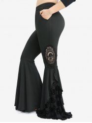 Plus Size Skull Mesh Flocking Ruffles Floral Applique Pockets Flare Pants -  