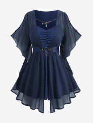 Plus Size Butterfly Sleeve Chiffon Textured Ruched O-Ring Cross Belted 2 in1 Blouse -  