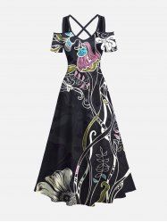 Robe longue trapèze à imprimé fleurs et branches, style hawaïen, épaules dénudées et bretelles croisées, grande taille - Noir 5X