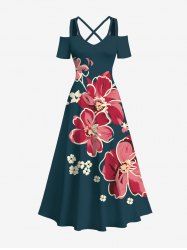 Robe longue trapèze à imprimé floral et feuilles, style hawaïen, épaules dénudées et bretelles croisées, grande taille - Vert profond 1X