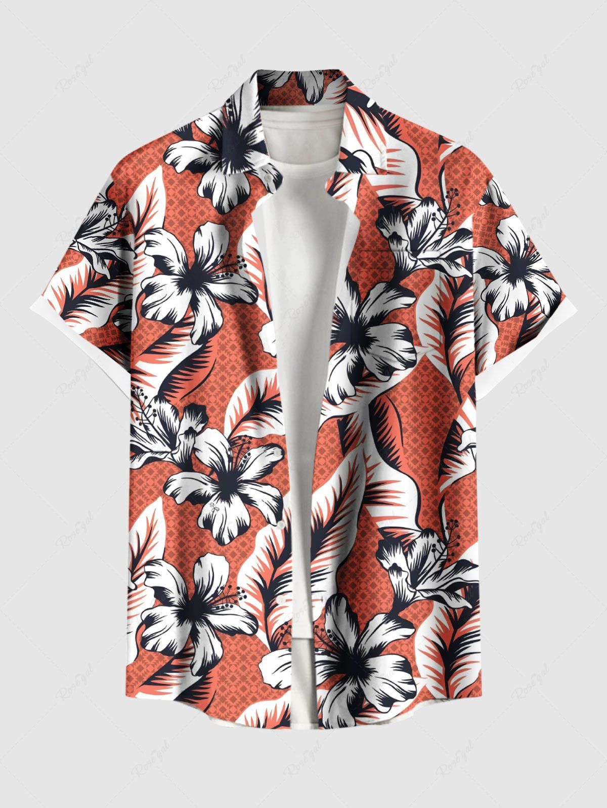 Outfit Plus Size Floral Tropical Leaves Print Hawaii Button Pocket Shirt For Men  