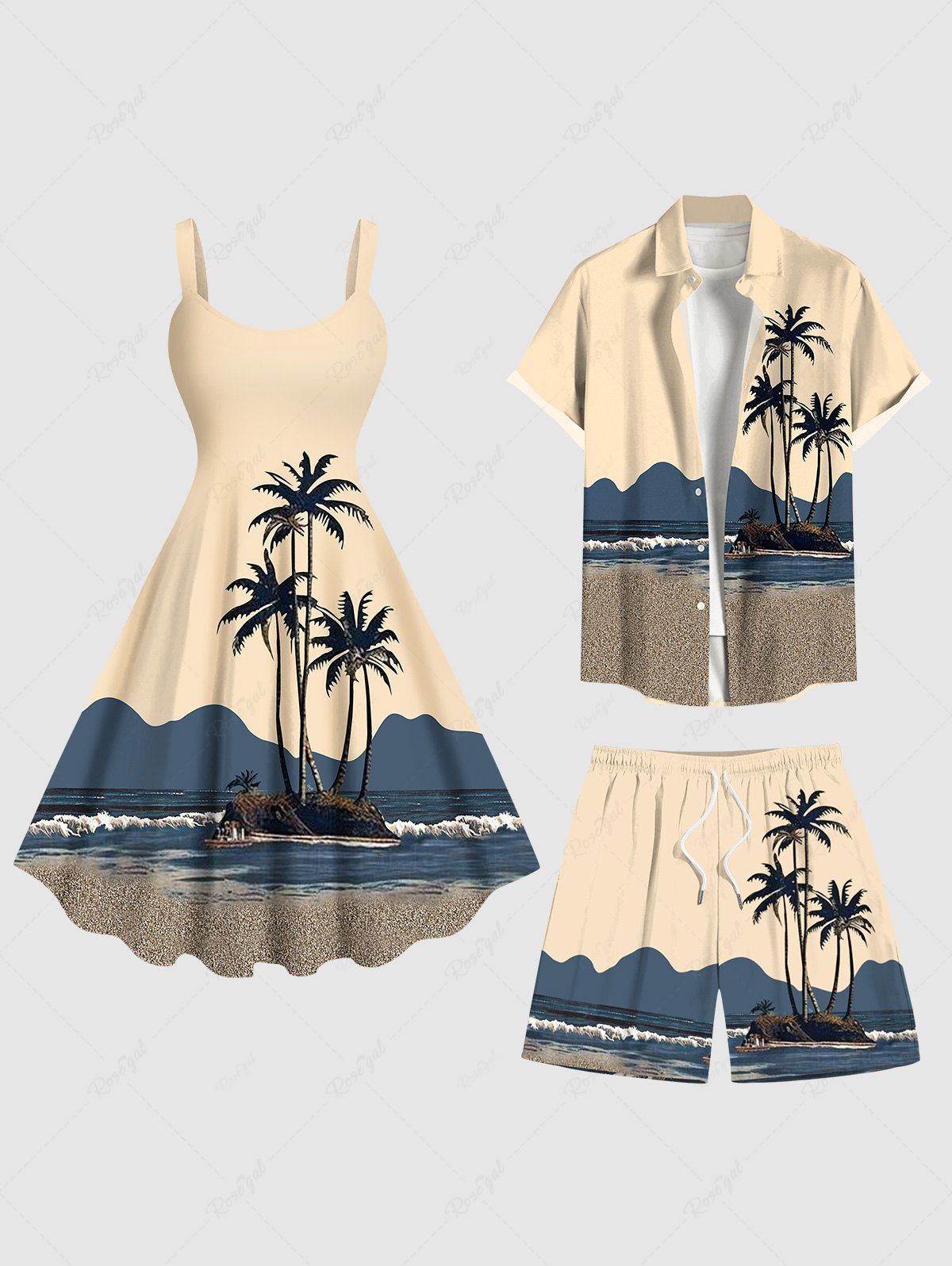 Latest Coconut Tree Seascape Sea Waves Colorblock Print Plus Size Matching Hawaii Beach Outfit For Couples  