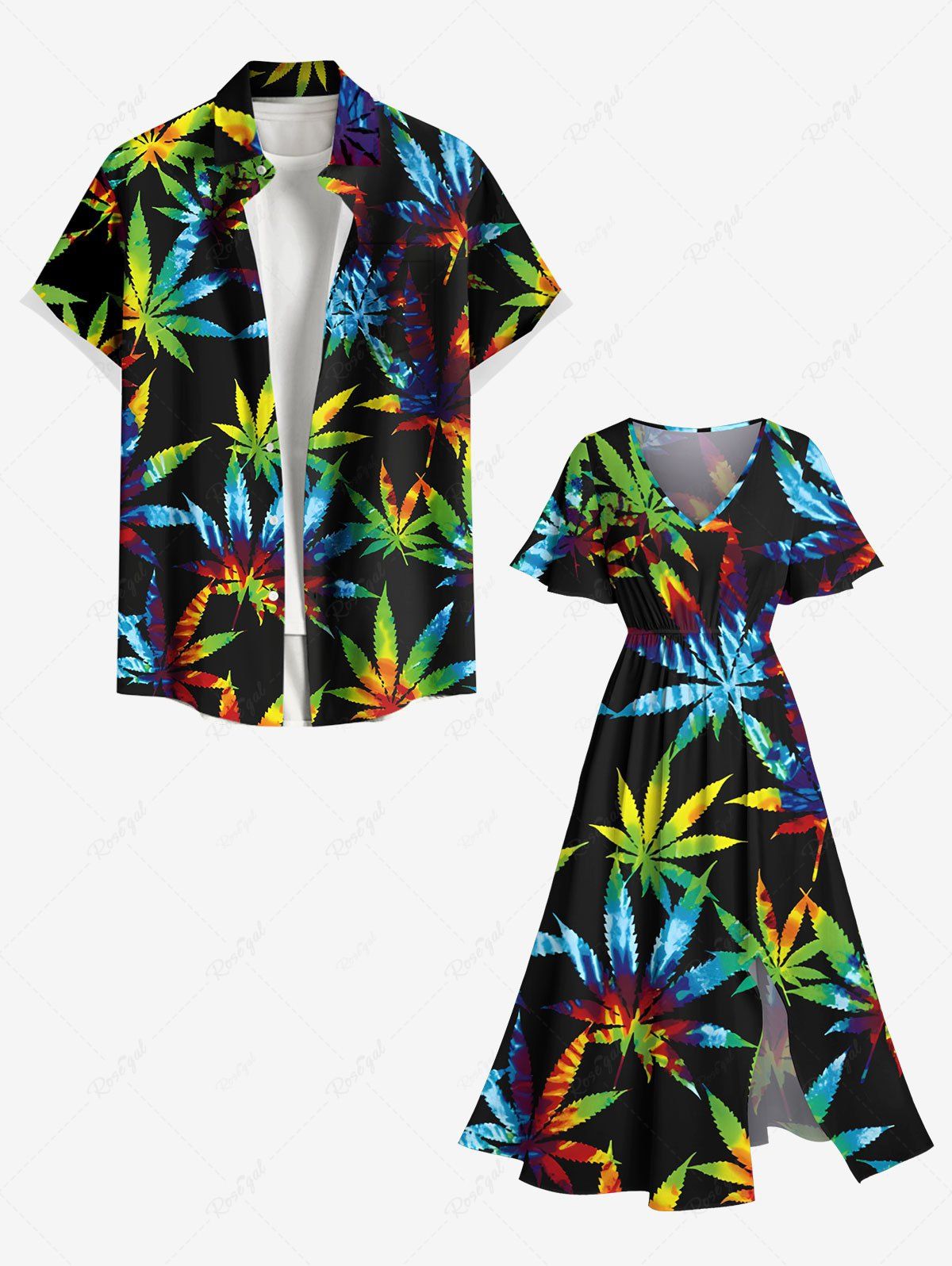 Trendy Colorful Maple Leaf Print Plus Size Matching Hawaii Beach Outfit For Couples  