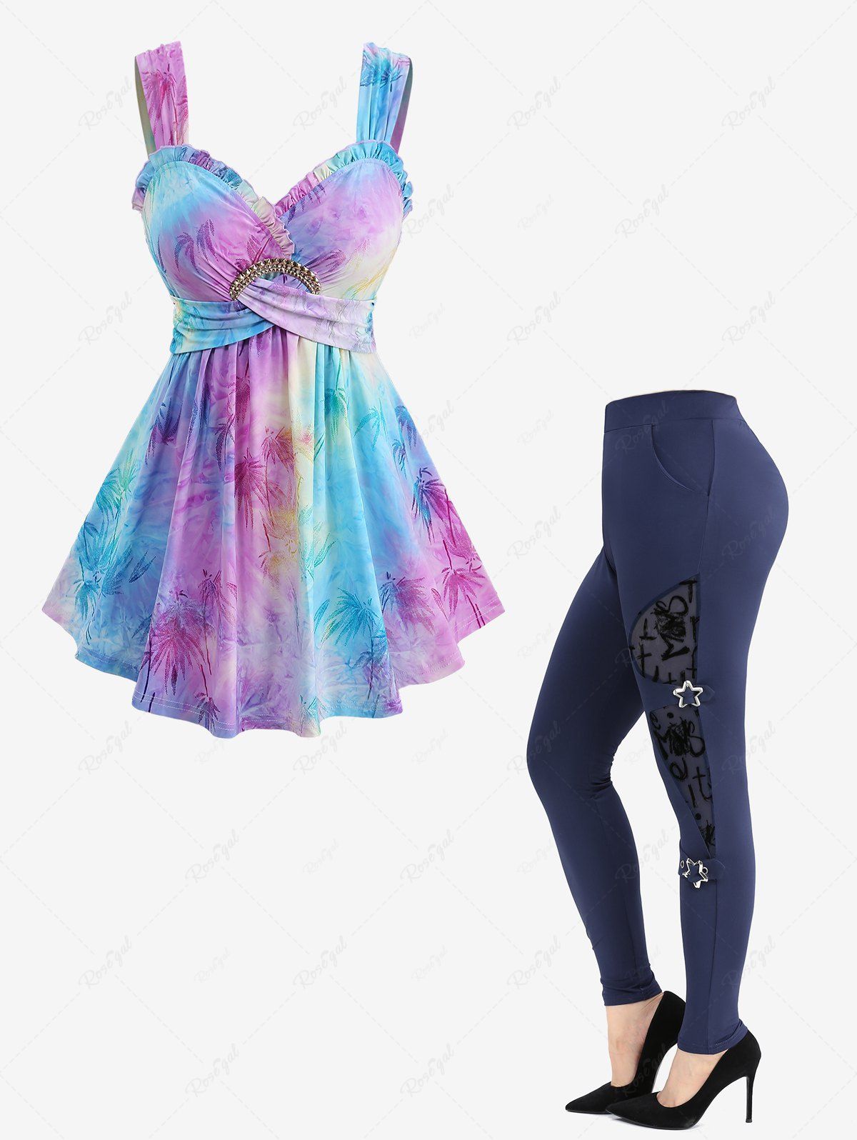 Buy Bamboo Leaf Tie Dye Tank Top and Flocking Leggings Plus Size Outfit  