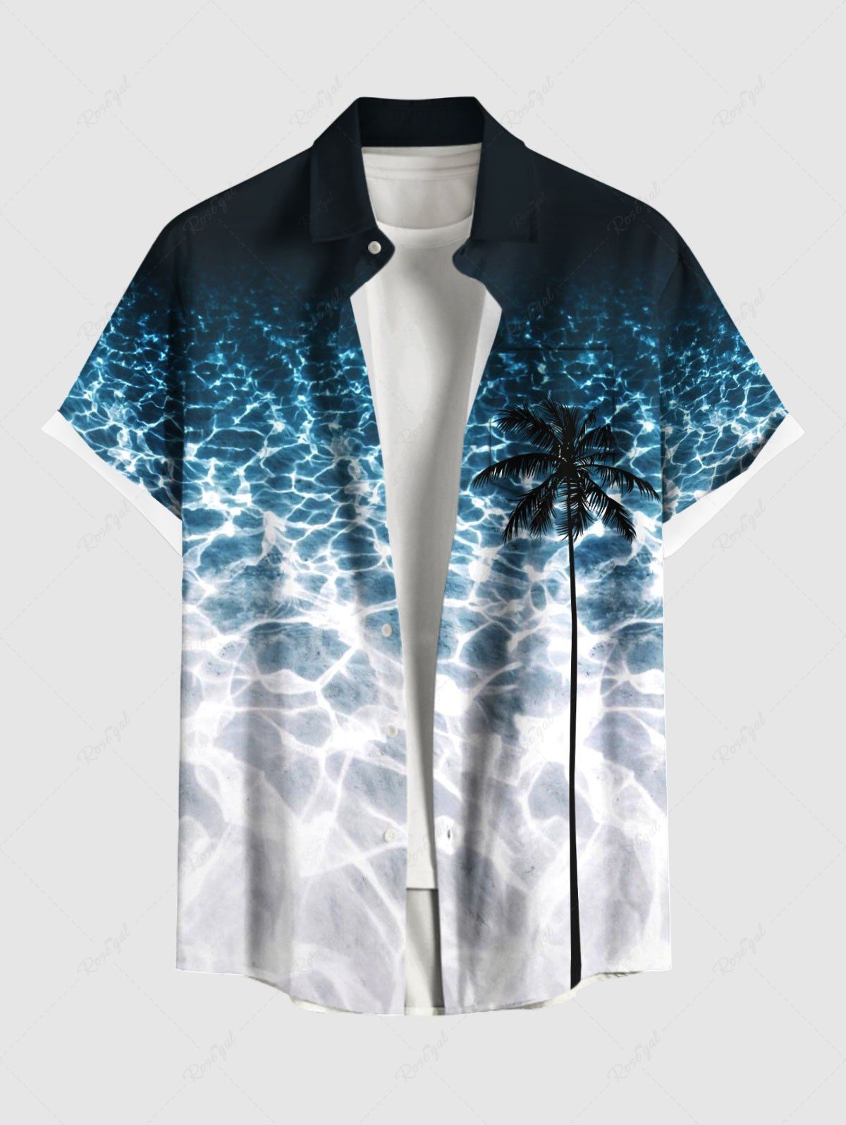 Trendy Plus Size Coconut Tree Water Ripples Print Buttons Pocket Hawaii Shirt For Men  