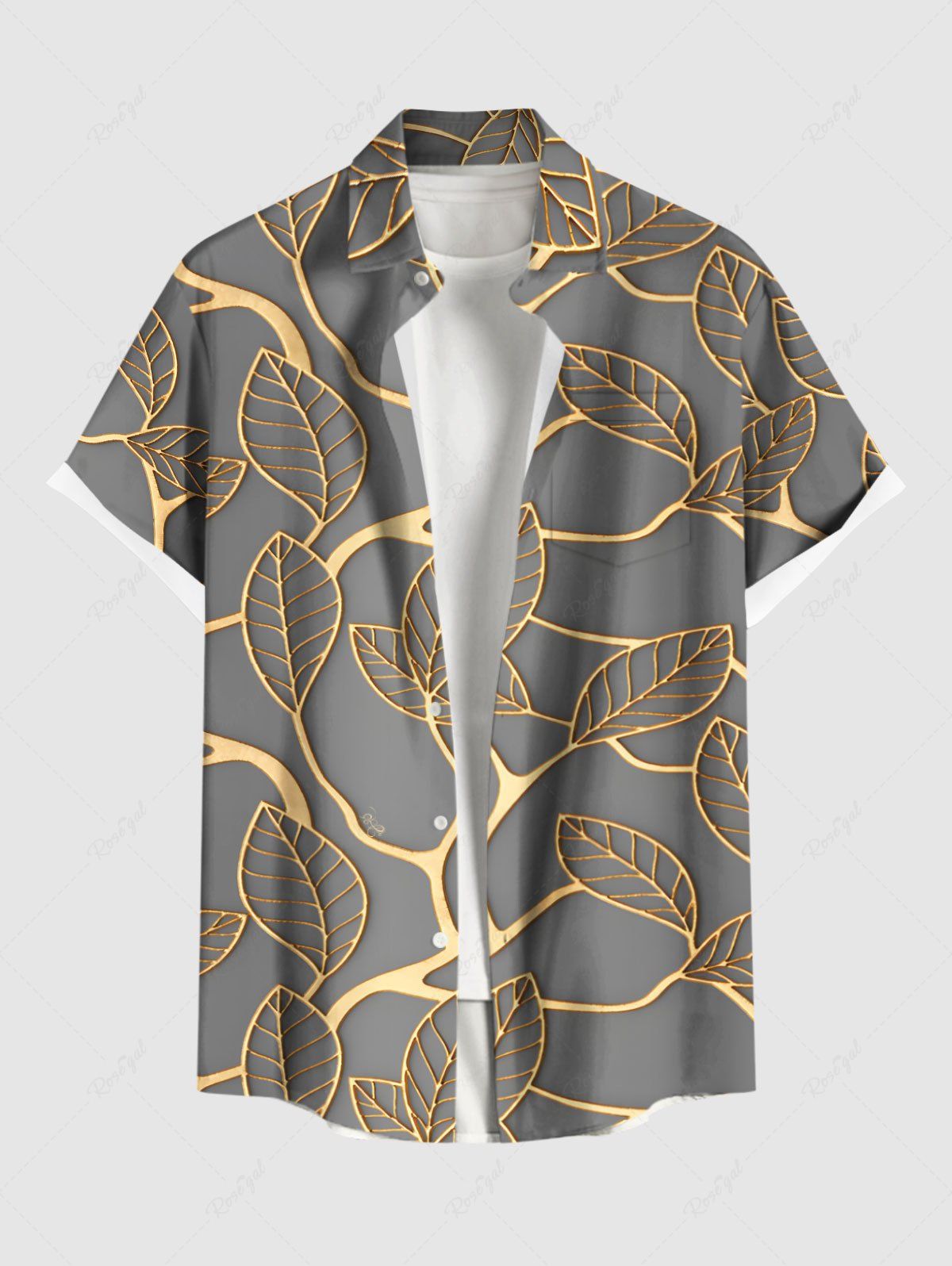 Store Plus Size Metallic Leaf Print Buttons Pocket Hawaii Shirt For Men  
