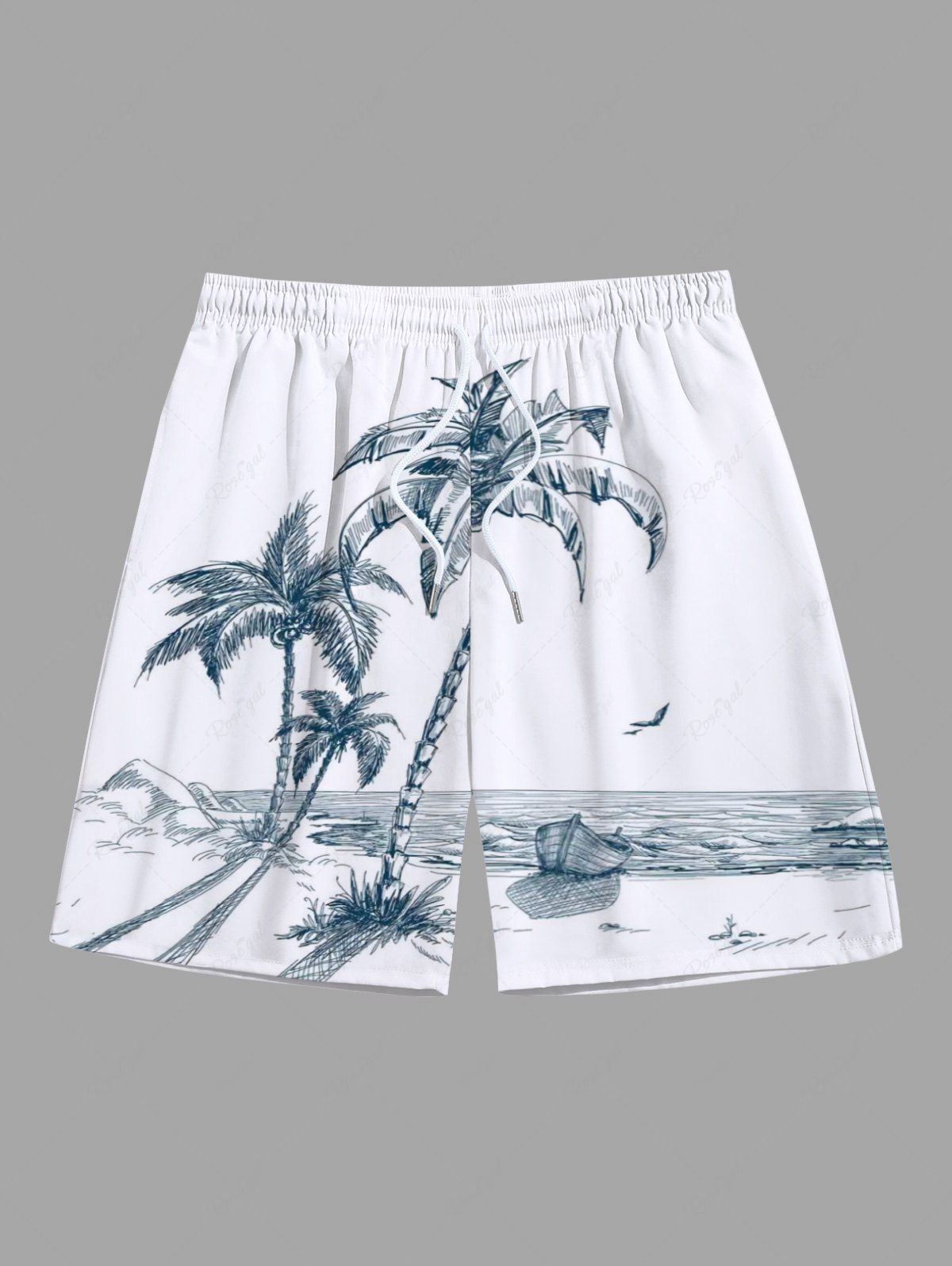 Online Plus Size Coconut Tree Seascape Boat Print Hawaii Beach Shorts For Men  