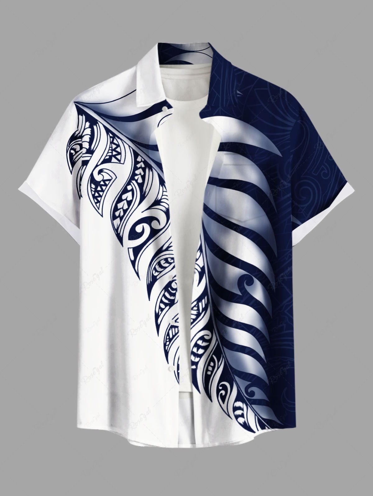 Affordable Plus Size Two Tone Contrast Colorblock Tropical Leaf Print Buttons Pocket Hawaii Shirt For Men  